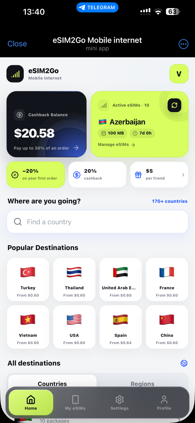 eSIM2Go Telegram mini app home screen with destinations and benefits