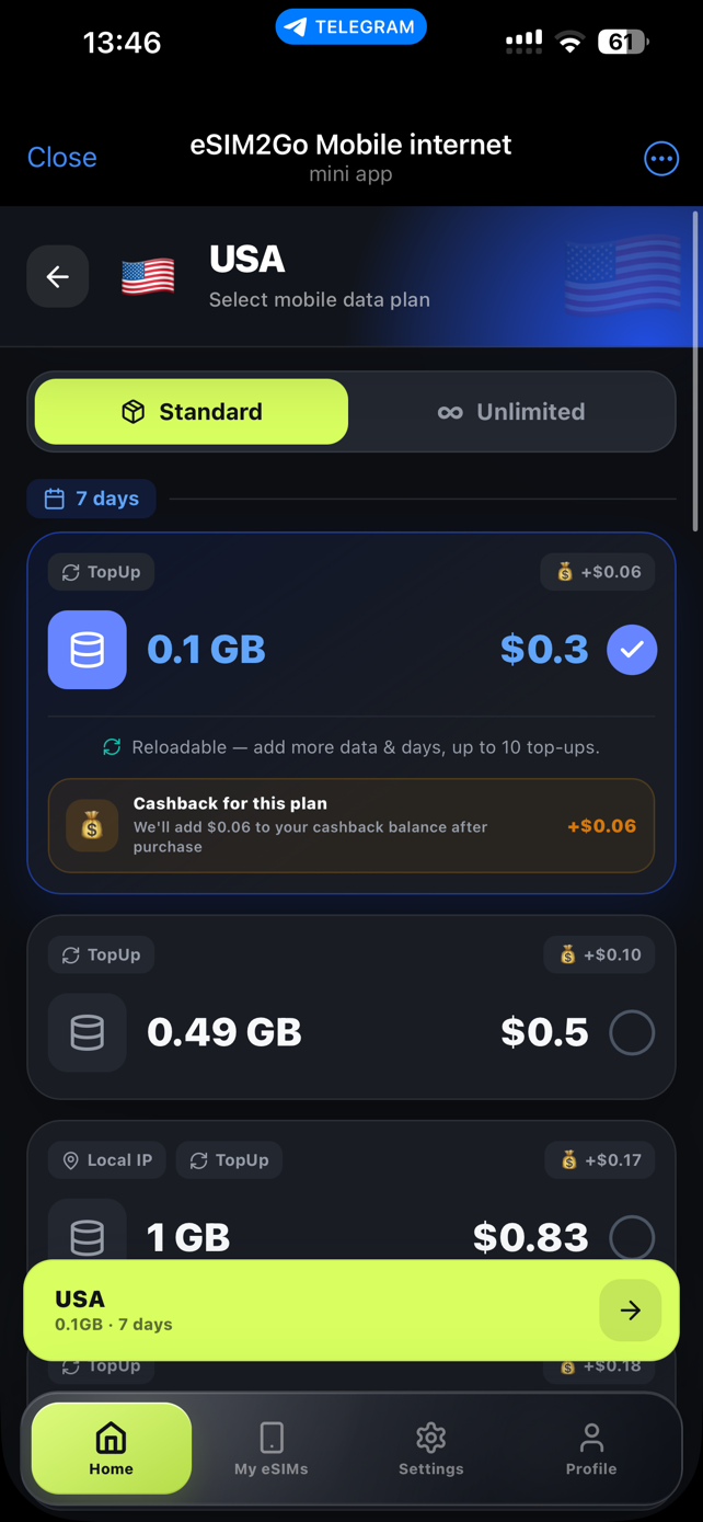 eSIM2Go Telegram mini app screen showing mobile data plans