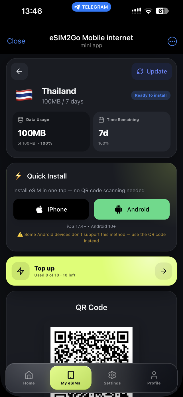 eSIM2Go Telegram mini app quick installation and QR code screen